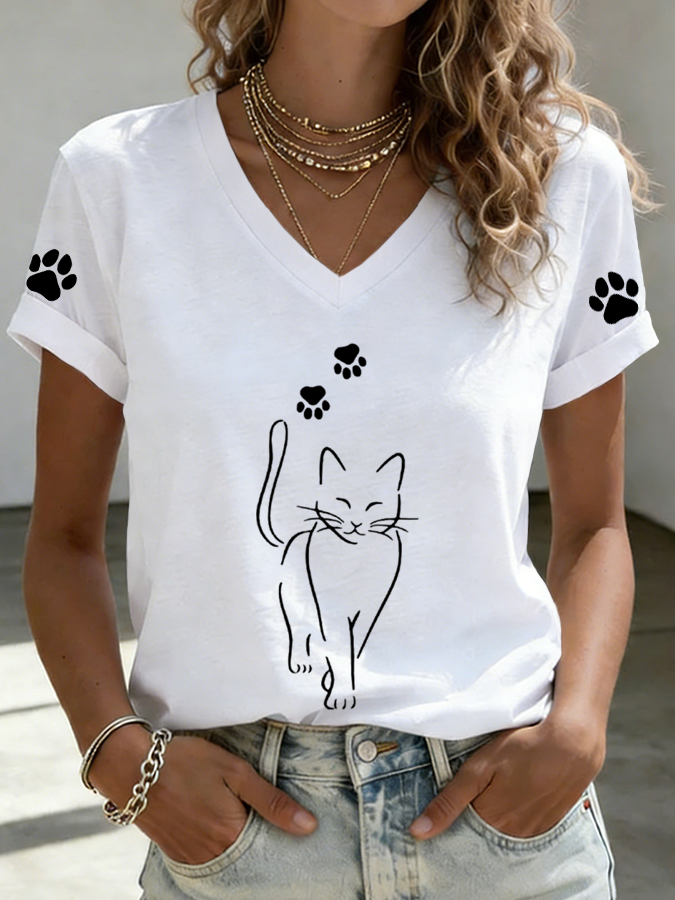 Women'S Cat Print Printed T-Shirt