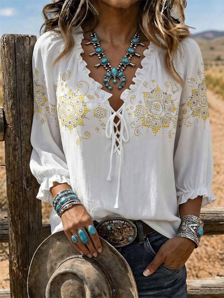 Women's Boho Mandala Rhinestone Lace Up Ruffle Sleeve Western Top
