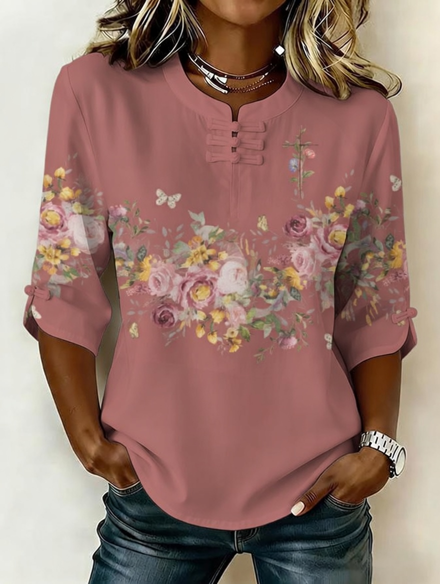 Women'S Retro Faith Flower Art Cotton And Hemp Printing Design Casual T-Shirt