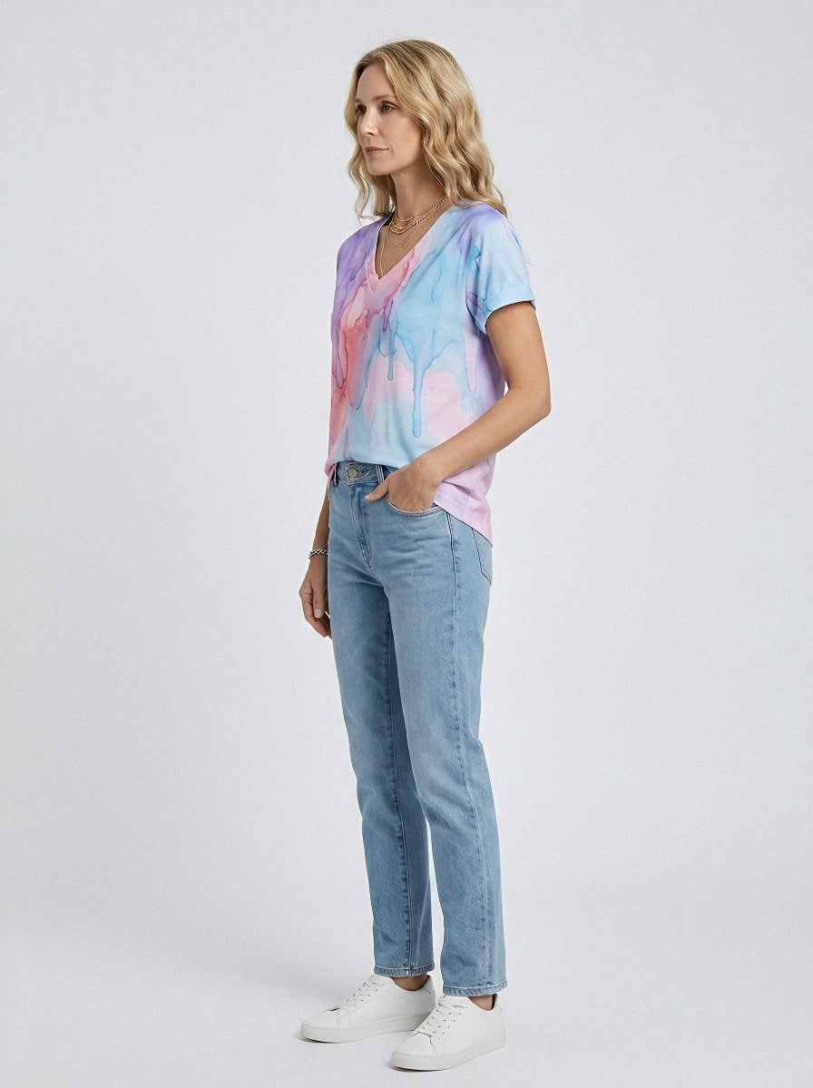 Women's Breast Cancer Awareness Watercolor Drip Printed V-neck T-shirt