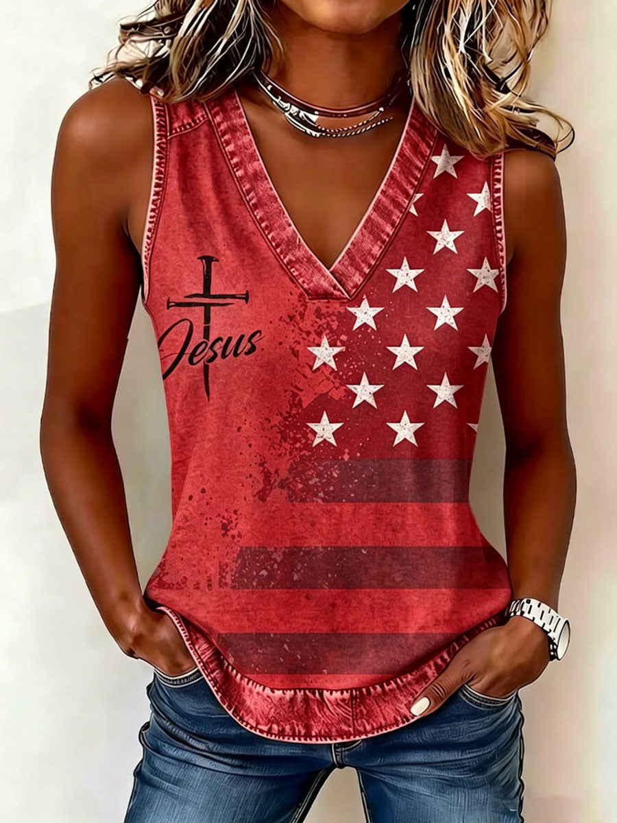 Ladies' Sleeveless V-Neck Independence Day Faith Top