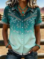 Women's Ombre Turquoise Floral Embroidered Western Button-Up Shirt