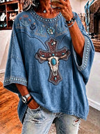 Ladies' Retro Western Style Cross Faith Loose Top