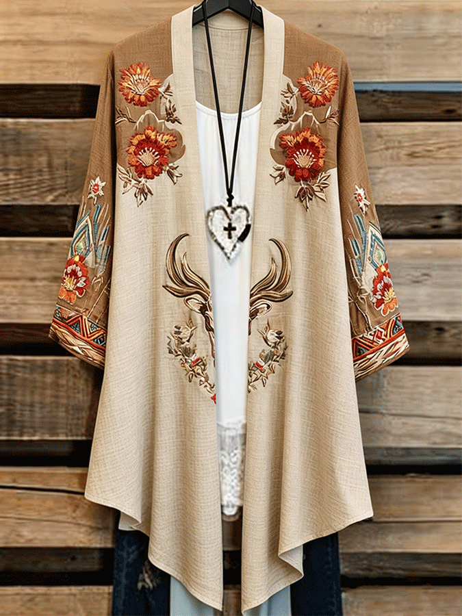 Women's Retro Flower And Cow Head Bone Embroidery Open Cardigan