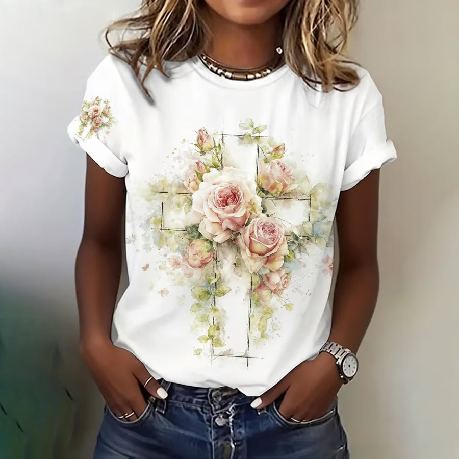 Women'S Casual Floral Print Cross Round Neck Short Sleeved T-Shirt