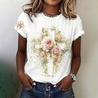 Women'S Casual Floral Print Cross Round Neck Short Sleeved T-Shirt