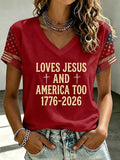 Women'S American Flag Cross Heart  Print T-Shirt