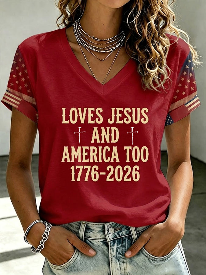 Women'S American Flag Cross Heart  Print T-Shirt