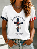 Women's American Independence Day Faith Cross Print Gradient V-Neck Top