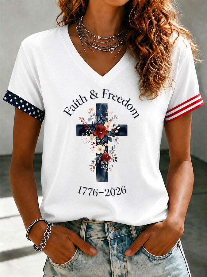 Women's American Independence Day Faith Cross Print Gradient V-Neck Top