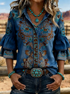 Women's Western Floral Embroidered Denim Bell Sleeve Shirt