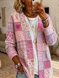 Women'S Pink Art Print Casual Cardigan