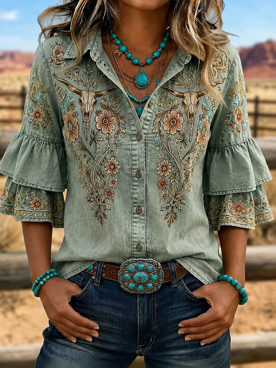 Women's Western Bull Skull Embroidered Ruffle Sleeve Shirt
