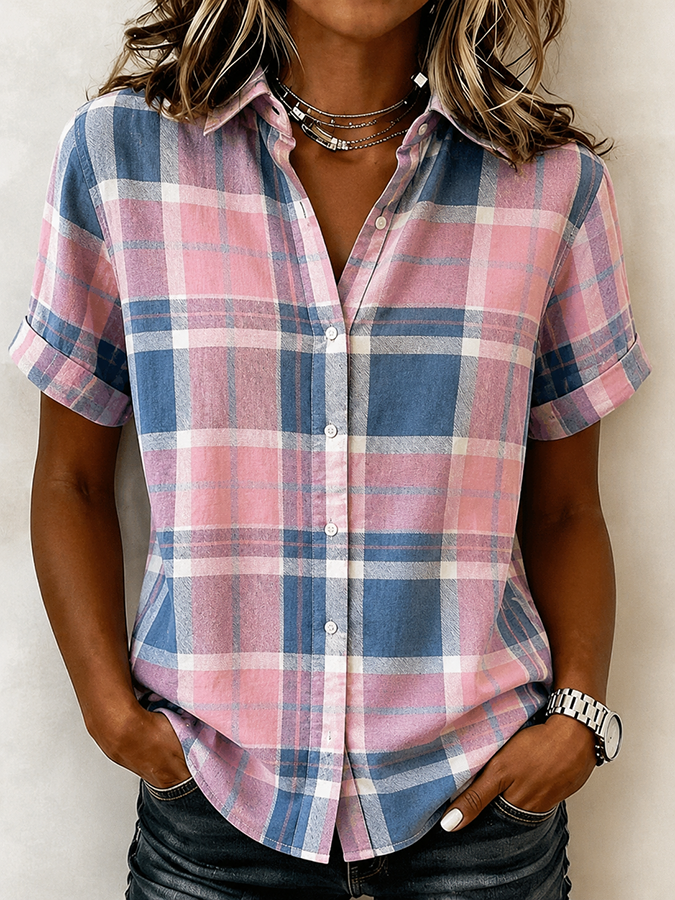 Cotton Linen Flower Embroidery Printed Short Sleeved Shirt