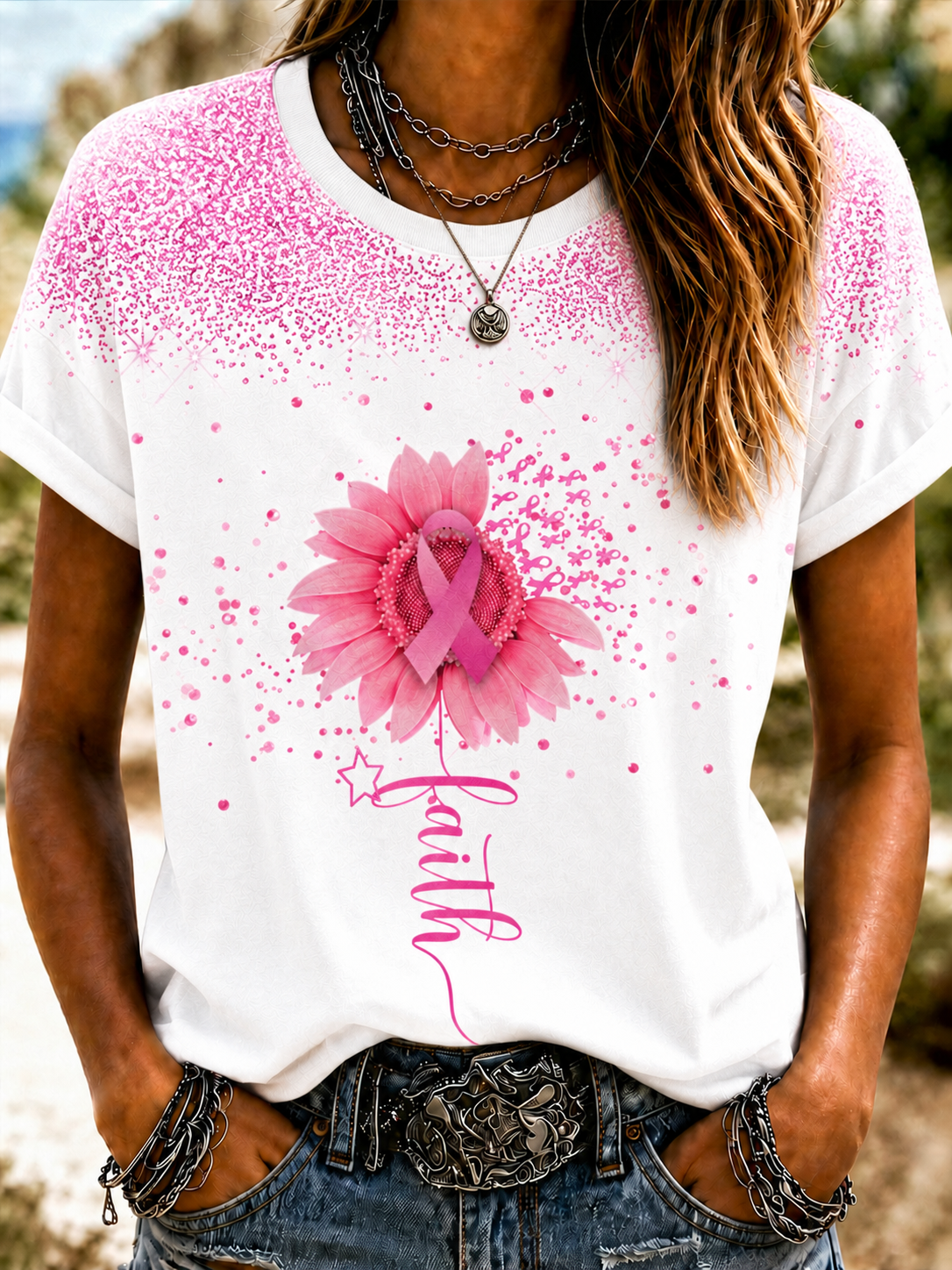 Women'S Breast Cancer Awareness Printing Short Sleeved T-Shirt