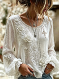 Cotton, Linen, Religious Beliefs, Floral Embroidery, Printed Long Sleeved Round Neck T-Shirt
