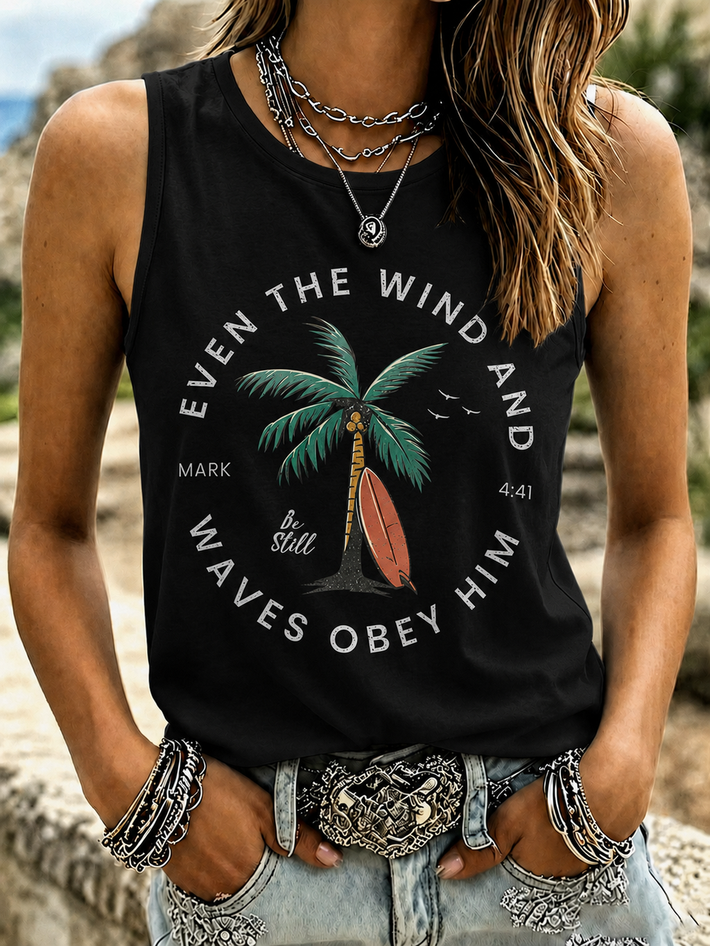 Women'S Even The Wind And Waves Obey Him Tank Top
