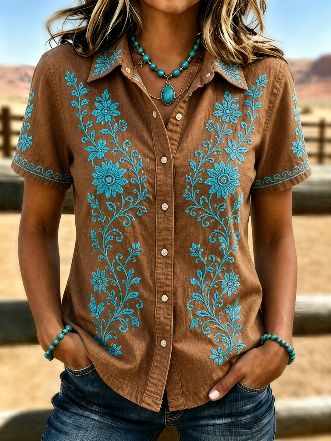 Women's Retro Plant Flower Western Printed Shirt