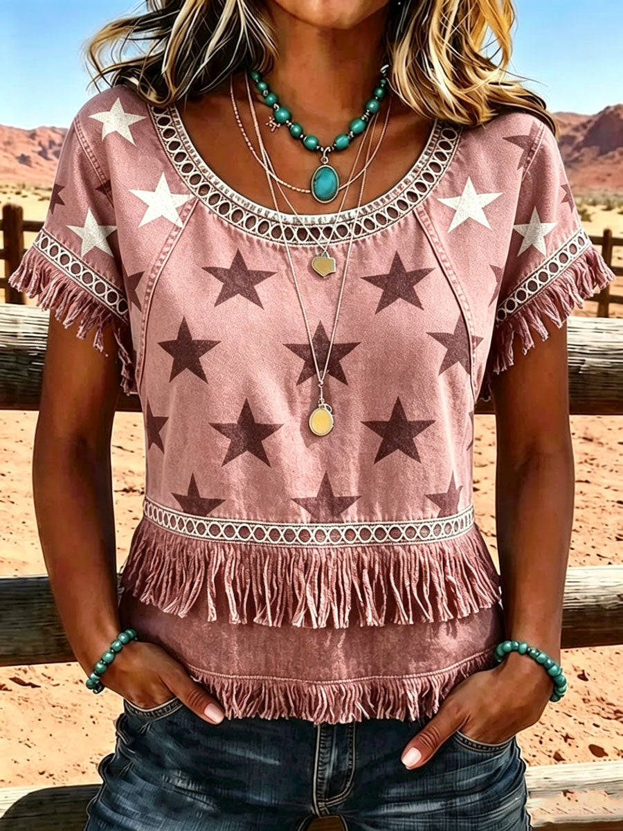 Women'S 250Th Anniversary American Vintage Western-Style Casual Shirt With Fringe Splicing