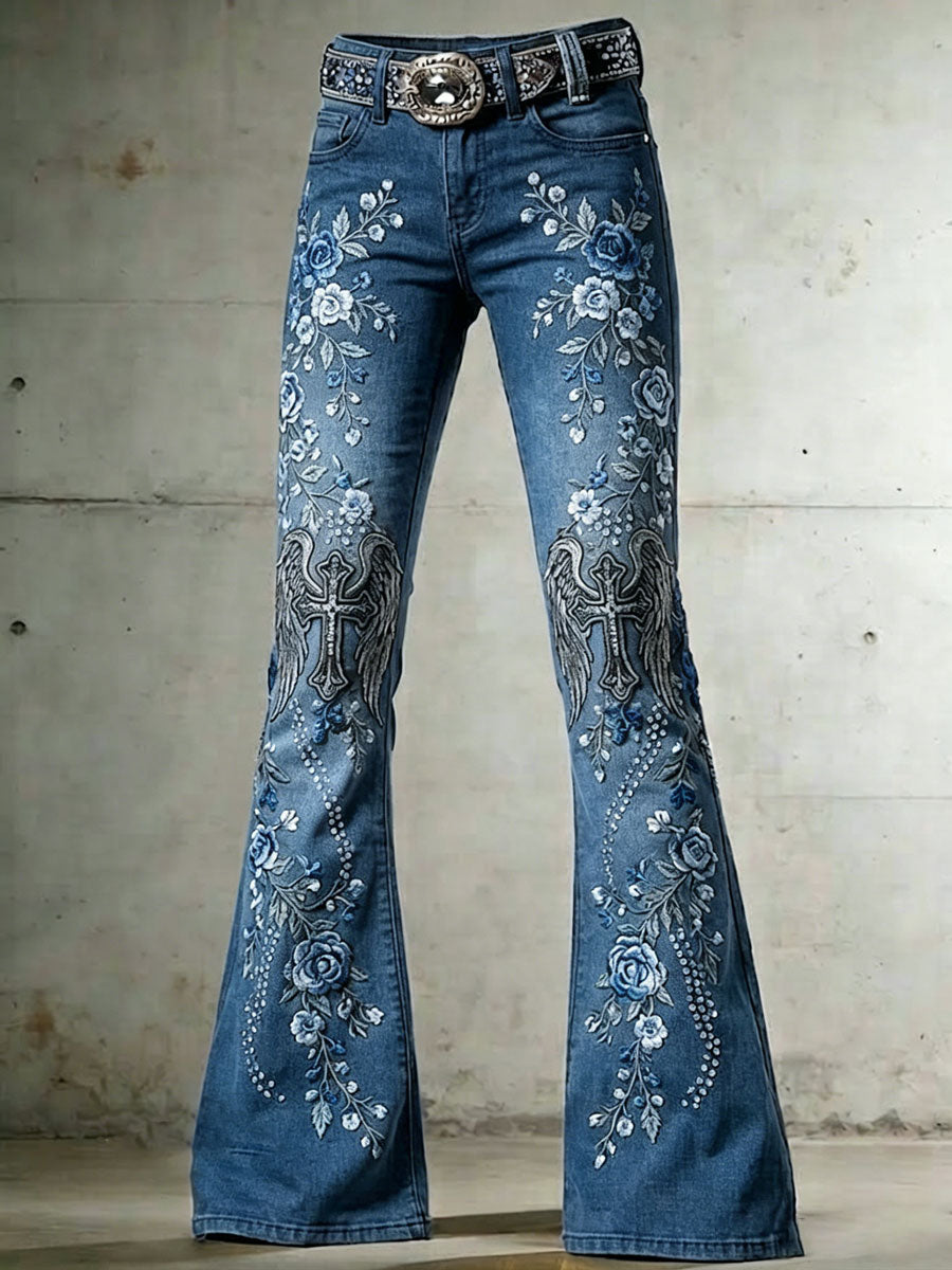 Ladies' Casual Trumpet Pants With Floral Wings And Cross Pattern
