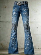 Ladies' Casual Trumpet Pants With Floral Wings And Cross Pattern