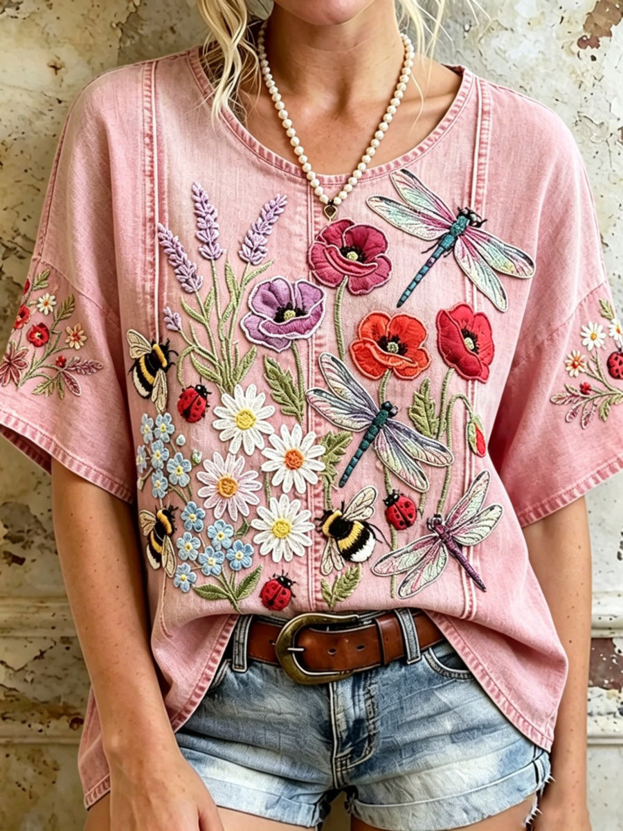 Retro Insect and Floral Art Women's Linen T-Shirt