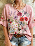 Retro Insect and Floral Art Women's Linen T-Shirt