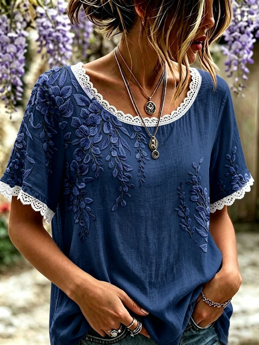 Women'S Floral Cotton Linen Lace Lace Short Sleeved Shirt