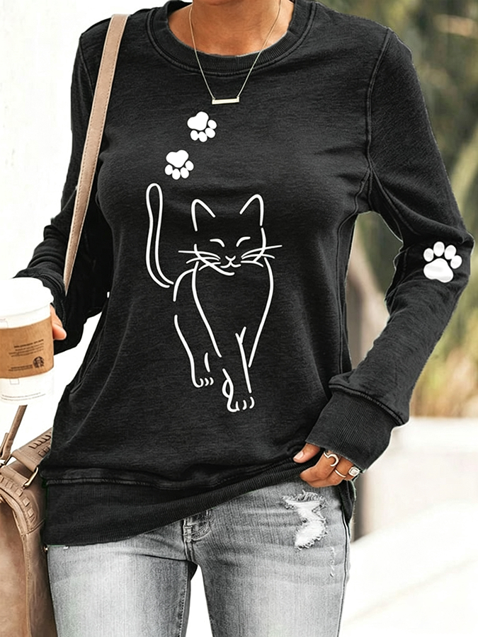 Women'S Fun Simple Drawn Cat Round Neck Long Sleeved Casual Sportswear