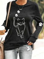 Women'S Fun Simple Drawn Cat Round Neck Long Sleeved Casual Sportswear