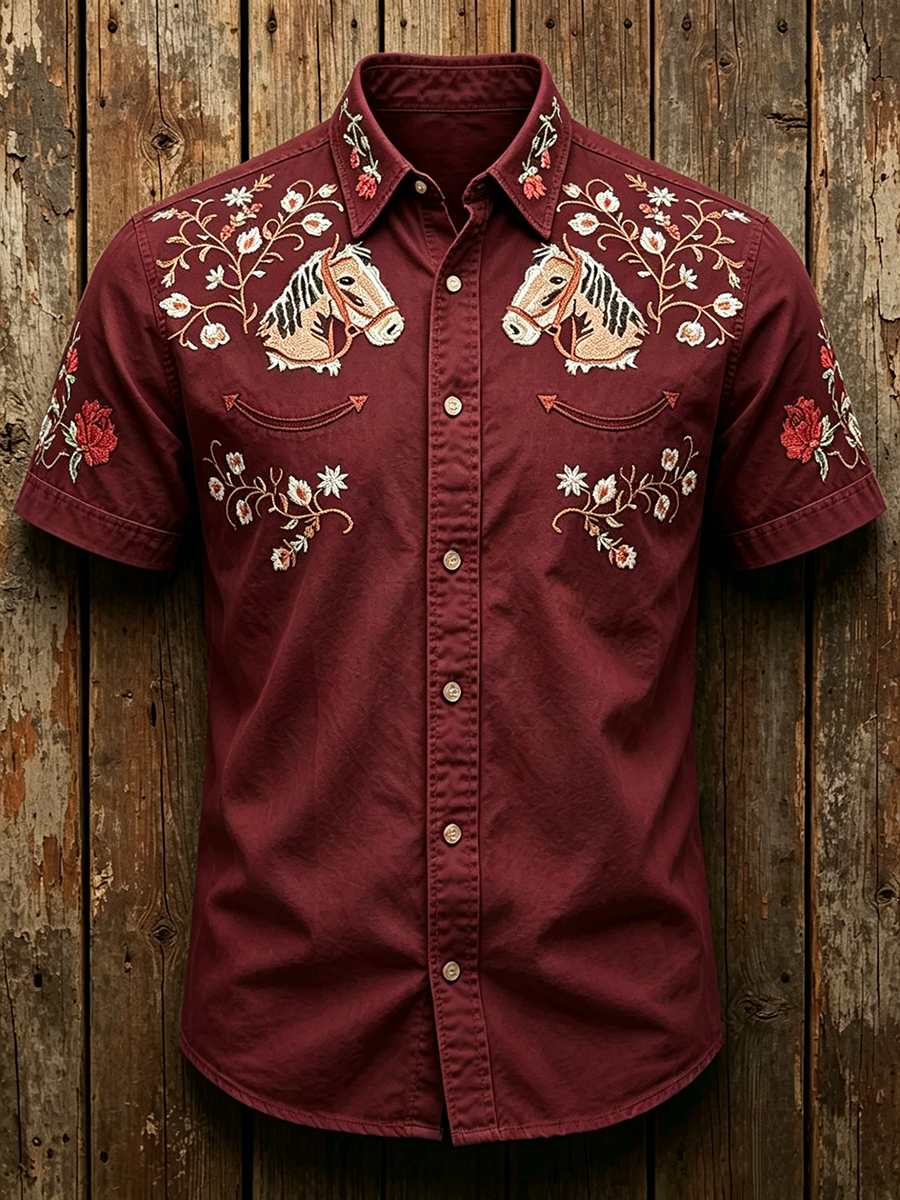 Western Style Ethnic Floral Pattern Printed Lapel Top