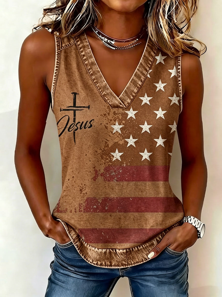 Ladies' Sleeveless V-Neck Independence Day Faith Top