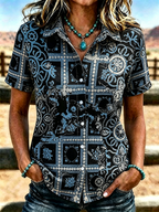 Women's Western Blue Geometric Tile Print Collared Short Sleeve Button Down Shirt