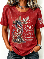American Flag Cross Jesus Sequin Print Round Neck Top