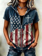 Women'S Casual Flag Faith Summer Short Sleeved Hooded Top