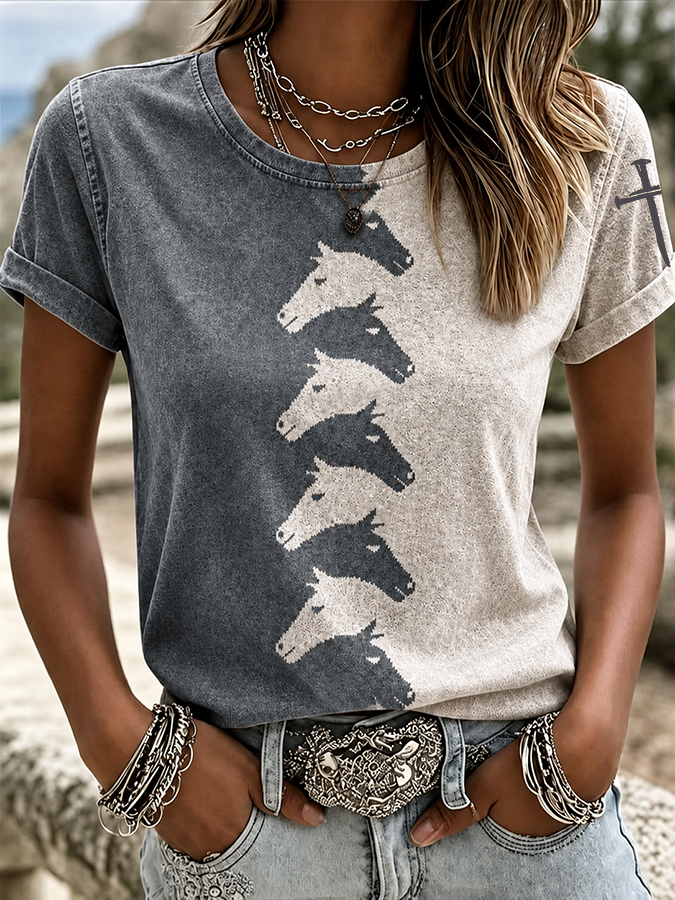 Women'S Western Style Animal Cross Round Neck T-Shirt