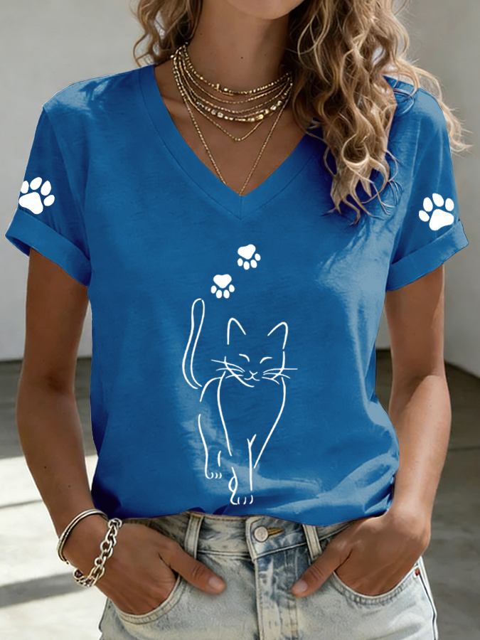 Women'S Cat Print Printed T-Shirt
