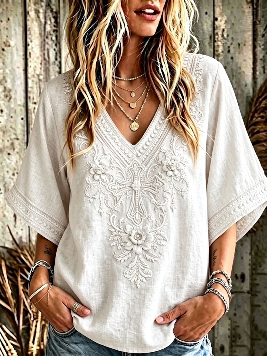 Women'S Cotton And Linen Floral Faith Casual Top