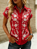 Women's Daisy Vine Embroidery Lapel Cuffed Short Sleeve Button Down Shirt