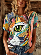 Women's Hippie Cat Color Block Print Short-sleeve Crew Neck T-shirt