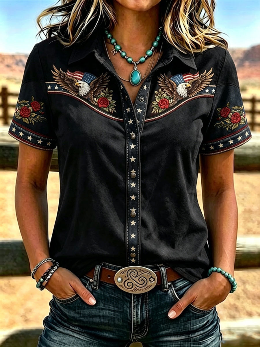 Women'S Retro Western Style Printed Short Sleeved Shirt
