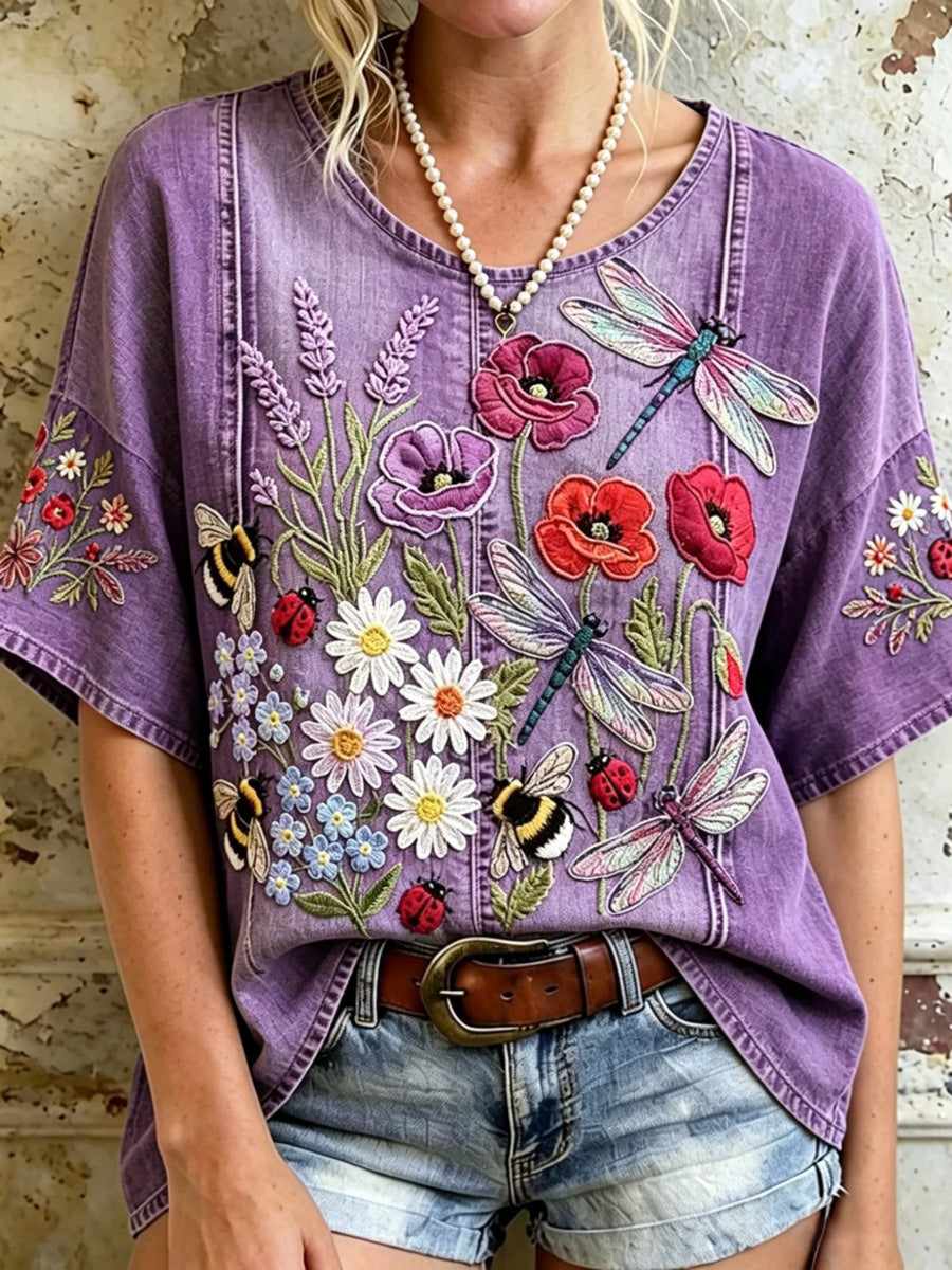 Retro Insect and Floral Art Women's Linen T-Shirt