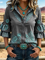 Women's Paisley Floral Embroidery Lapel Layer Ruffle Bell Sleeve Western Shirt