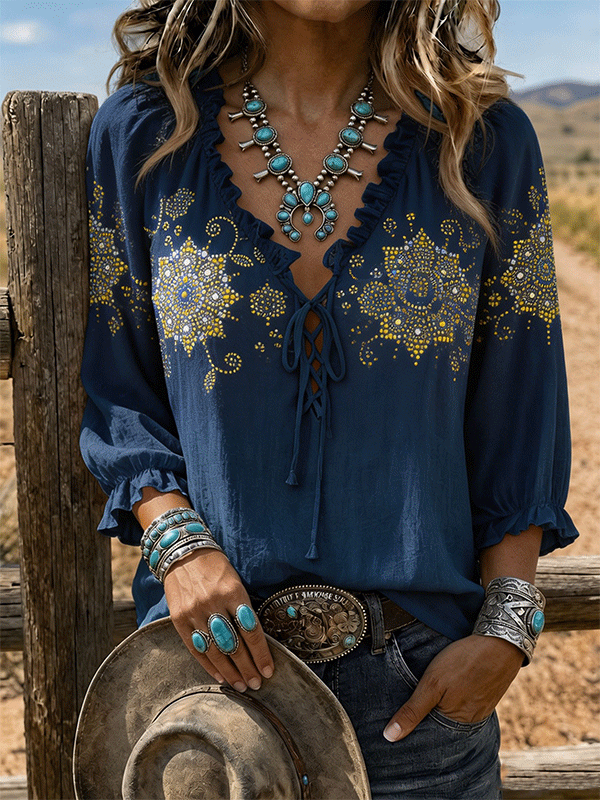 Women's Boho Mandala Rhinestone Lace Up Ruffle Sleeve Western Top