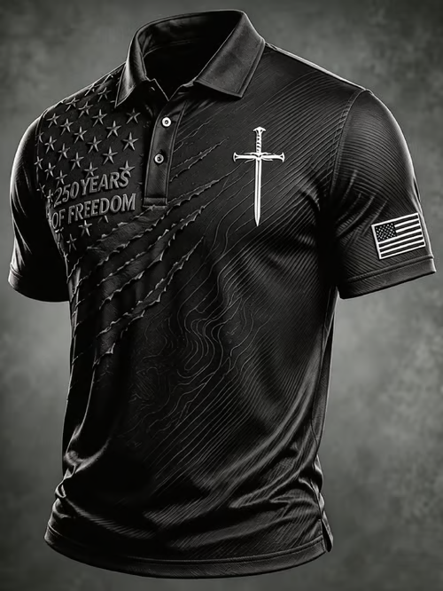 Men'S Retro National Flag And Cross Print Print Casual Polo Shirt