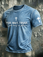 Faith Cross Slogan Commemorative Printed Round Neck T-Shirt