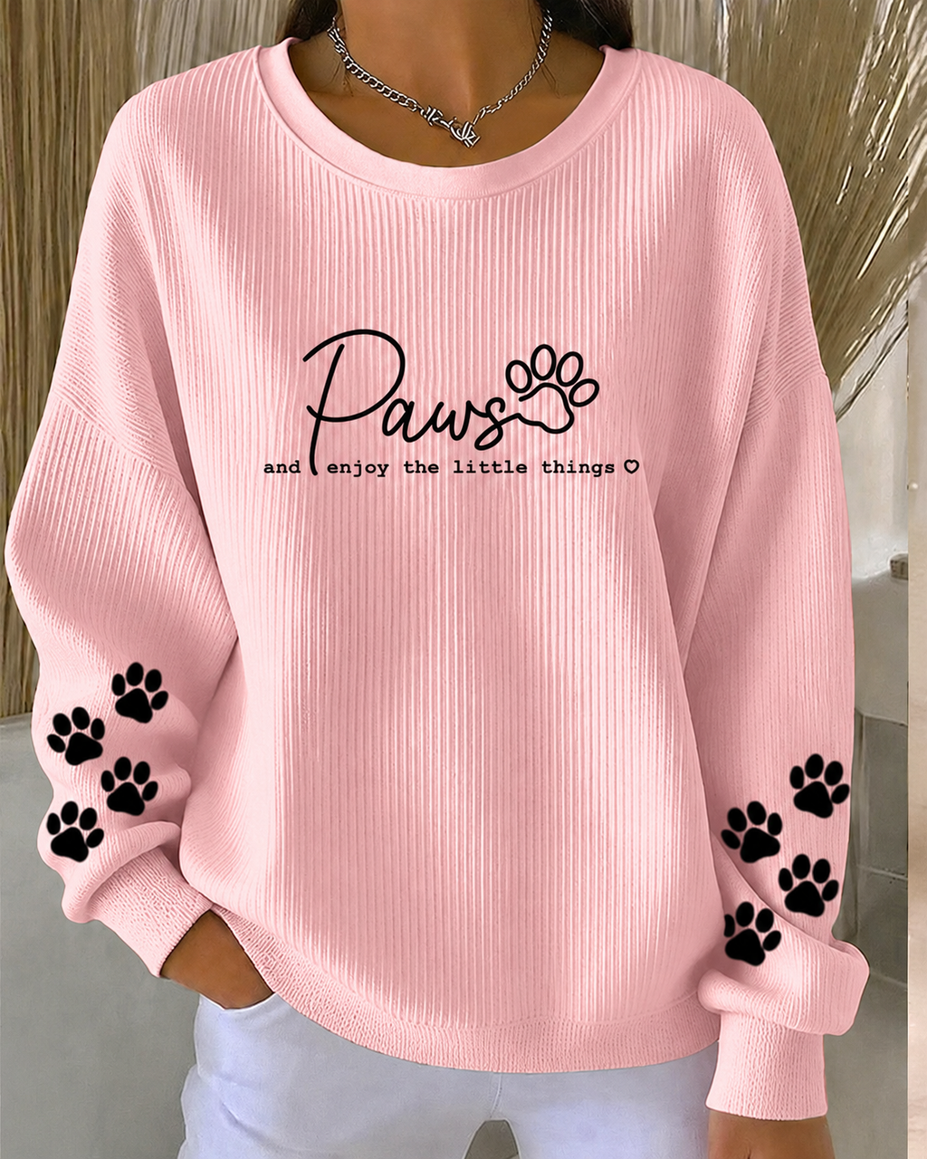Women'S Cat Printed Ribbed Round Neck Sweatshirt