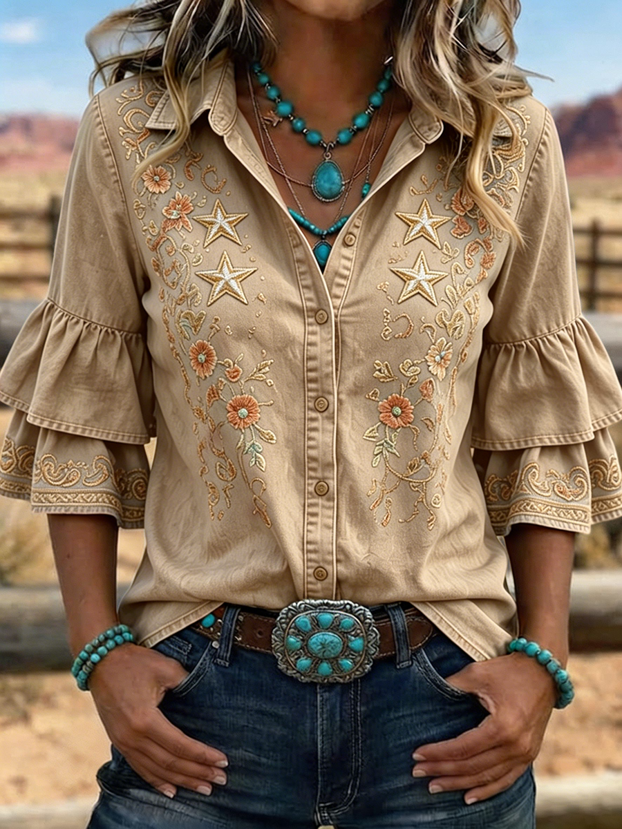 Women's Western Star Floral Embroidered Ruffle Sleeve Shirt