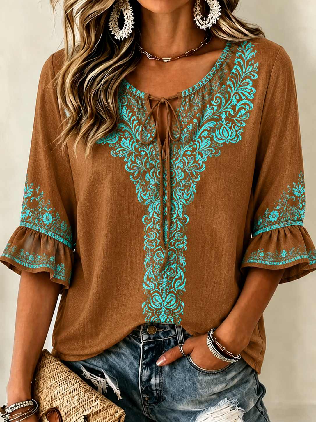 Women's Vintage Flowers Print Patchwork Casual Shirt