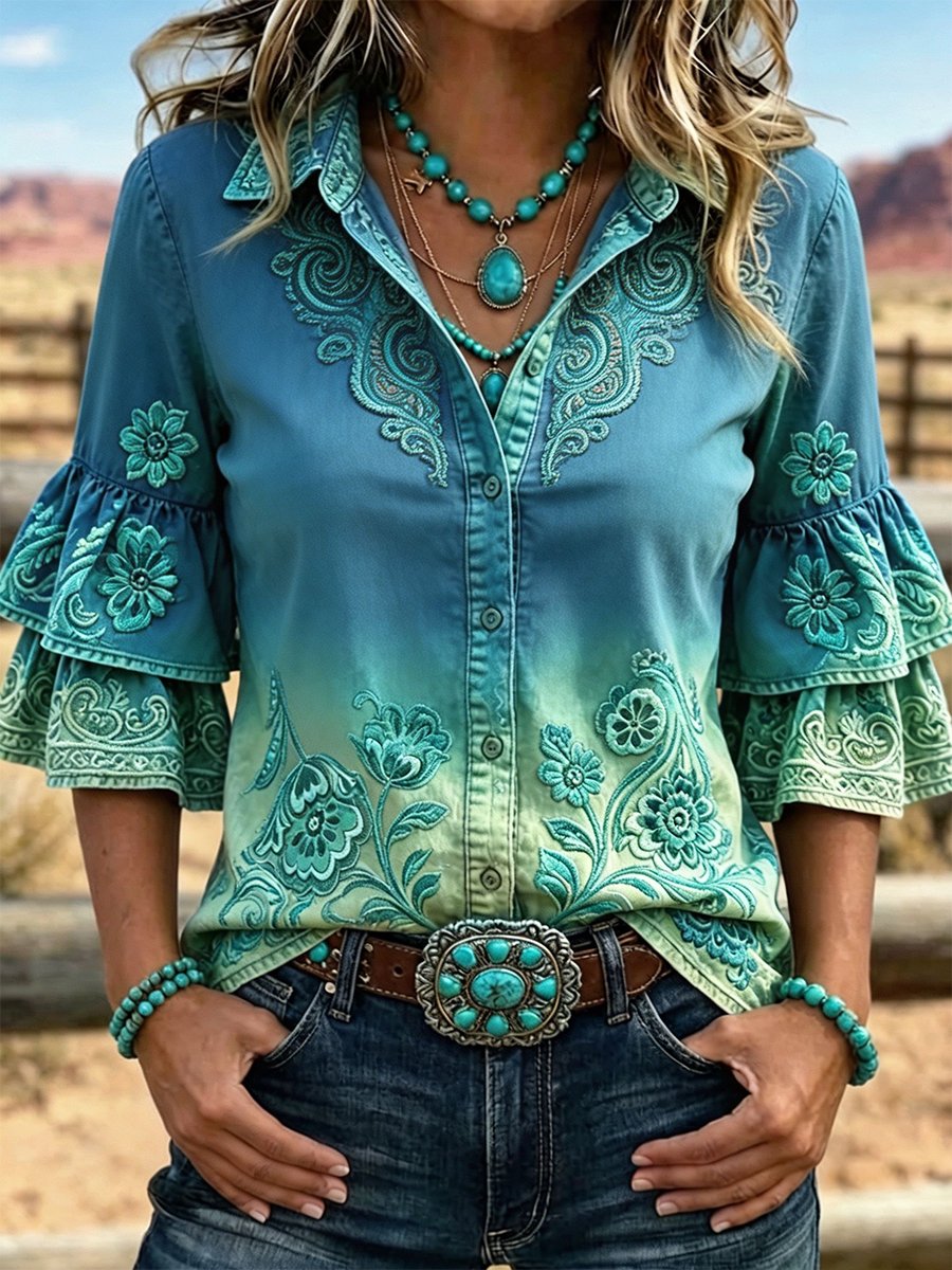 Women's Paisley Floral Embroidery Lapel Layer Ruffle Bell Sleeve Western Shirt